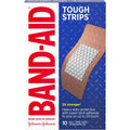 Band-Aid Brand Tough Strips Extra Large 10 count front packaging view showing heavy duty fabric benefits.