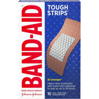 Band-Aid Brand Tough Strips Extra Large 10 count front packaging view showing heavy duty fabric benefits.
