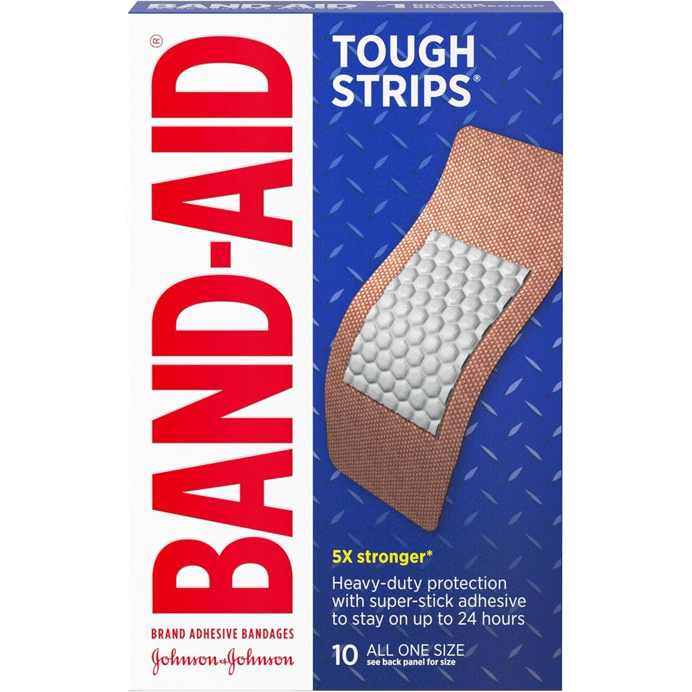 Band-Aid Brand Tough Strips Extra Large 10 count front packaging view showing heavy duty fabric benefits.