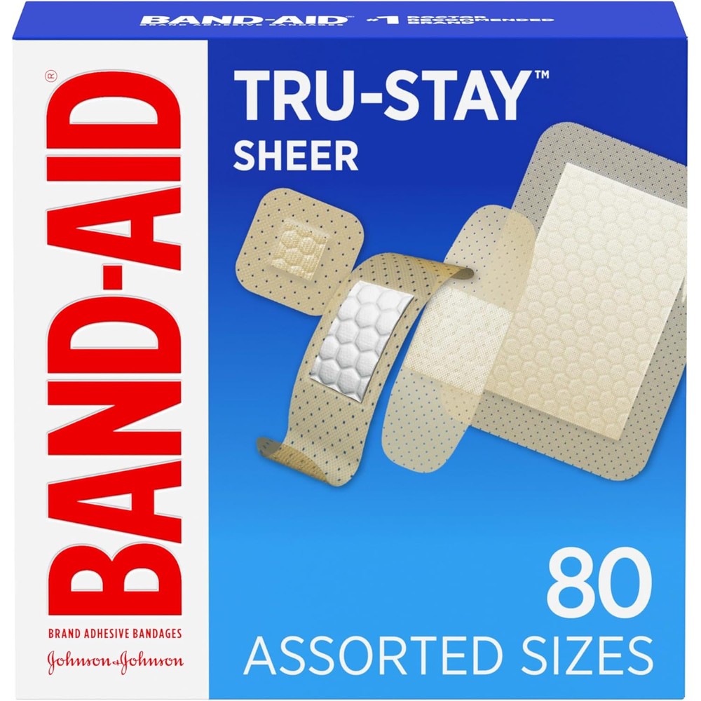 Band-Aid Tru-Stay Sheer Strips 80 count front packaging view.
