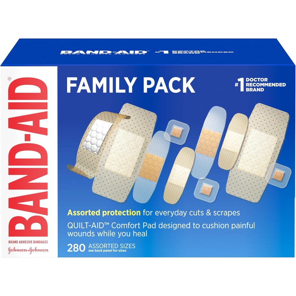 Band-Aid Brand Family Variety Pack 280 count front box view showing assorted sizes.