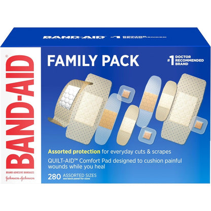 Band-Aid Brand Family Variety Pack 280 count front box view showing assorted sizes.