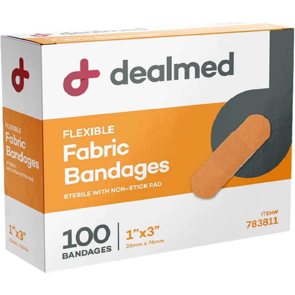 Dealmed Sterile Flexible Fabric Adhesive Bandages front box view first aid supplies