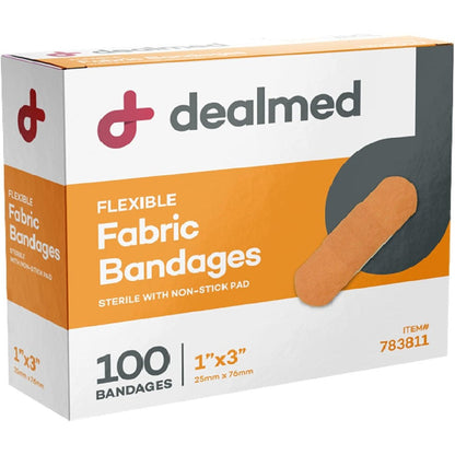 Dealmed Sterile Flexible Fabric Adhesive Bandages front box view first aid supplies