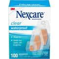 Nexcare Waterproof Clear Bandages 100 count front packaging for first aid.
