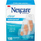 Nexcare Waterproof Clear Bandages 100 count front packaging for first aid.