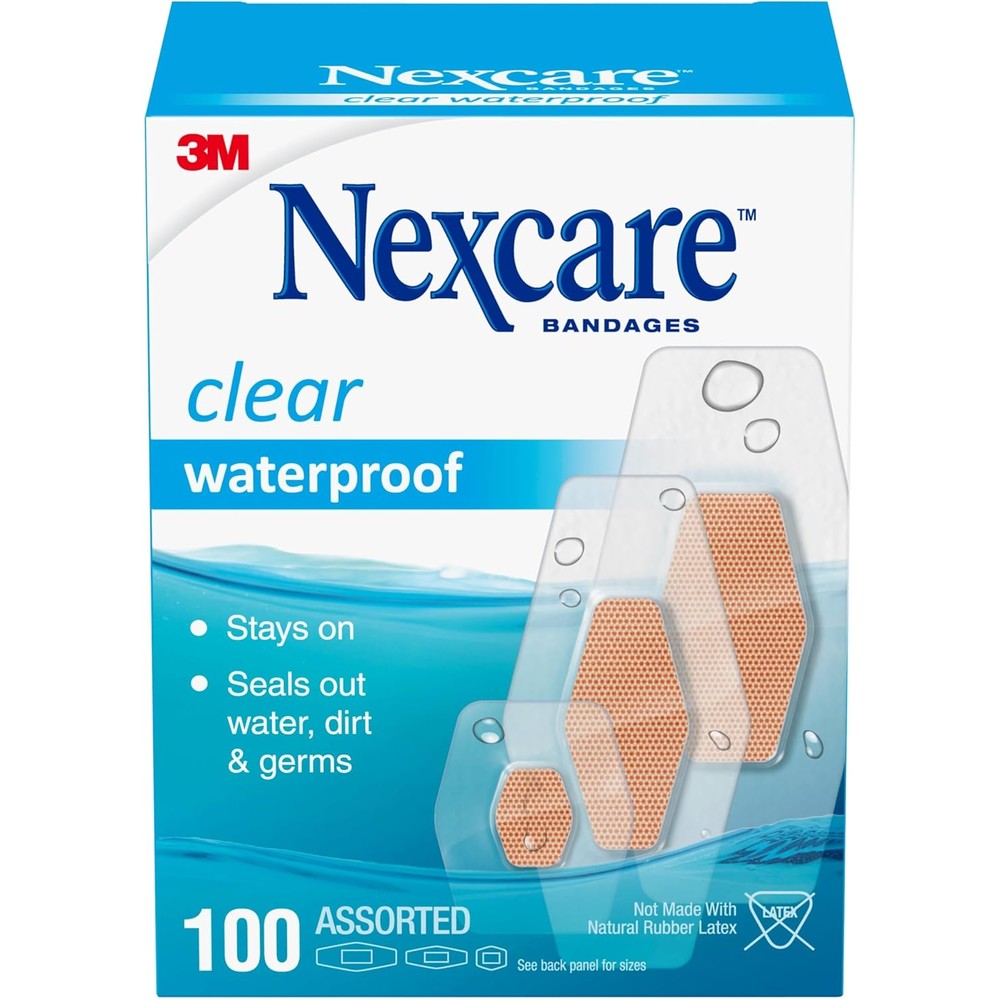 Nexcare Waterproof Clear Bandages 100 count front packaging for first aid.