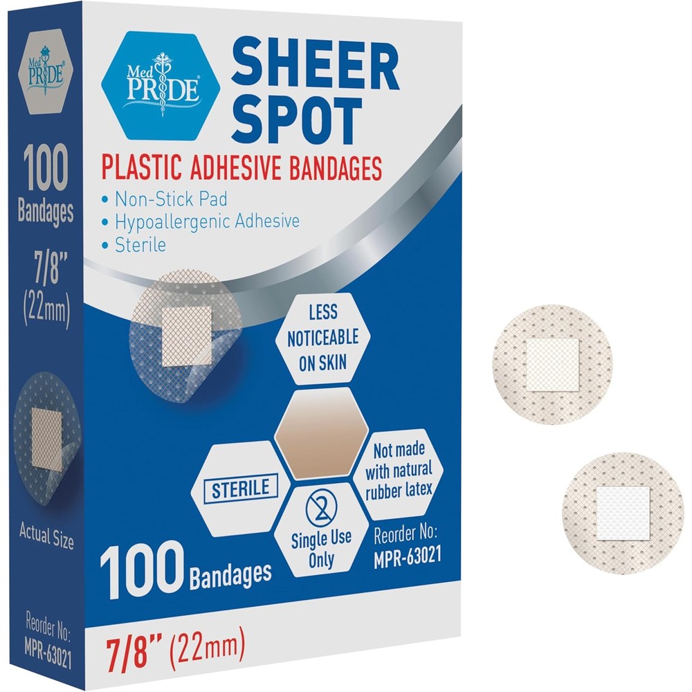 Med Pride 100 Pack small round clear bandages front box view for first aid.