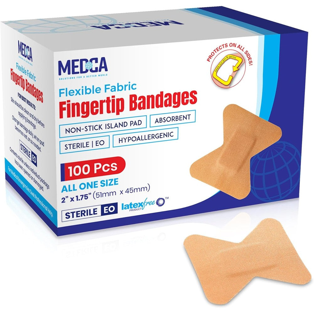 MEDca Flexible Fabric Fingertip Bandages 100 count box front view