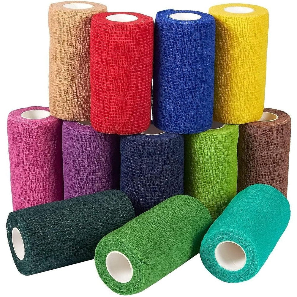 Juvale Cohesive Bandage Vet Wrap Rolls front view multicolored 12 pack.