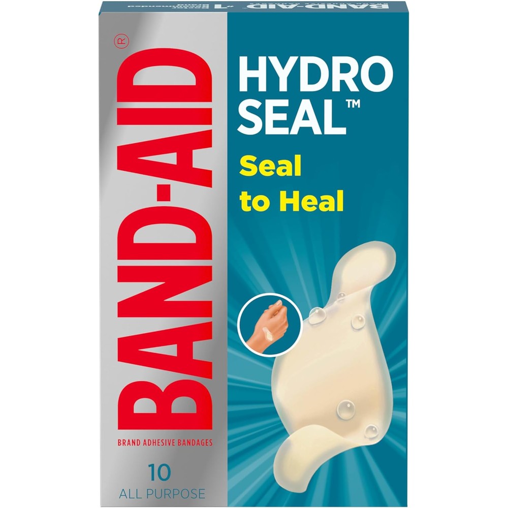Johnson And Johnson Band-Aid Brand Hydro Seal Waterproof Bandages front packaging showing ten count text