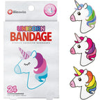 BioSwiss Unicorn Shaped Self Adhesive Bandages front packaging view showing the colorful cartoon unicorn graphics.