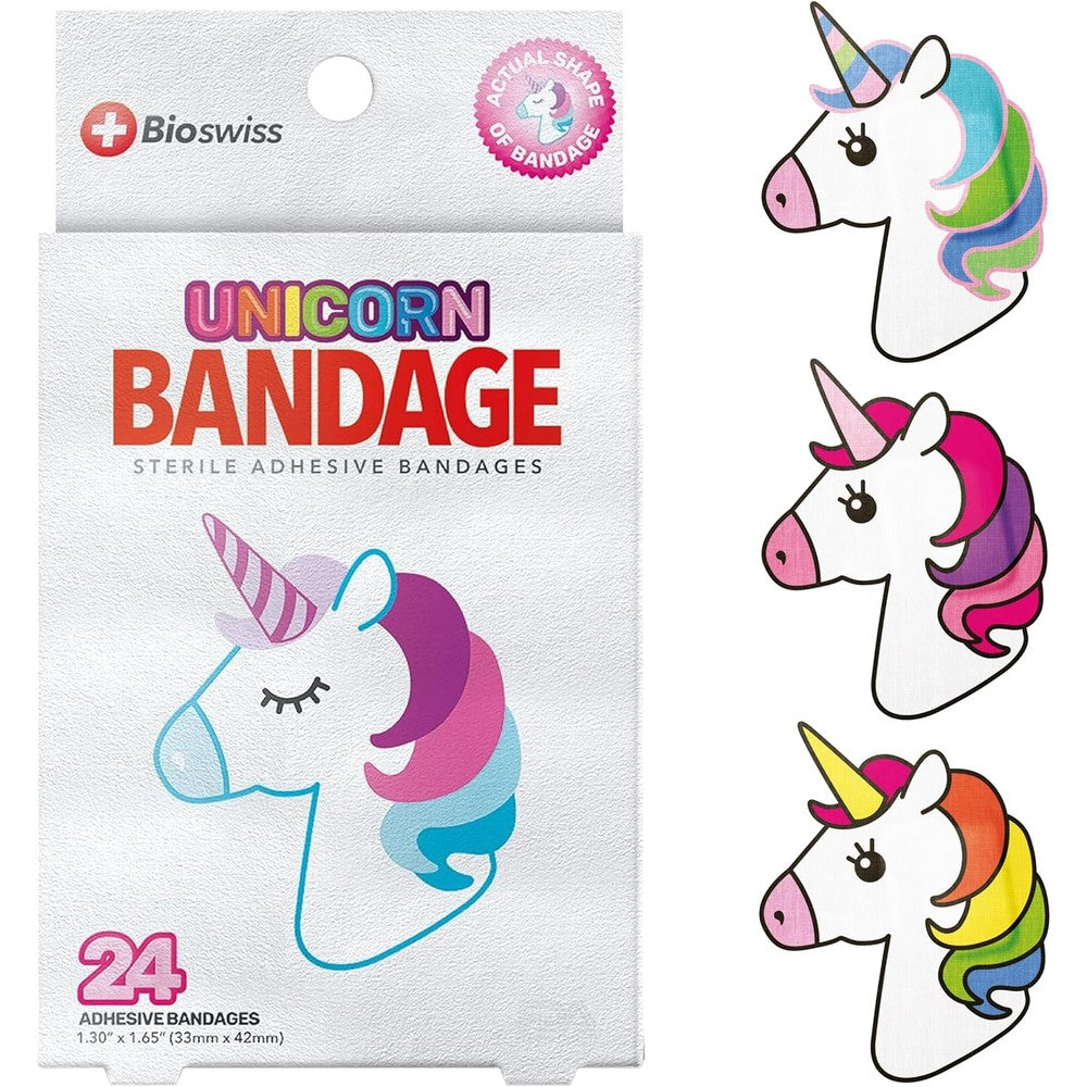 BioSwiss Unicorn Shaped Self Adhesive Bandages front packaging view showing the colorful cartoon unicorn graphics.