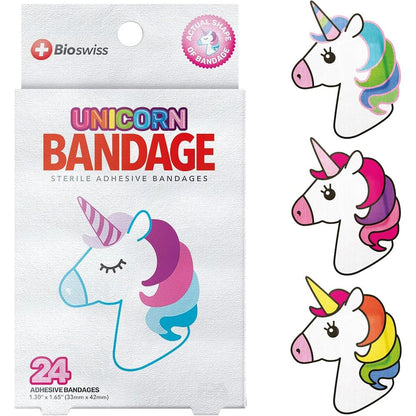 BioSwiss Unicorn Shaped Self Adhesive Bandages front packaging view showing the colorful cartoon unicorn graphics.