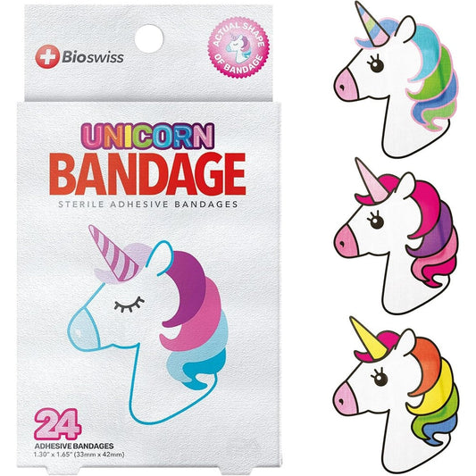 BioSwiss Unicorn Shaped Self Adhesive Bandages front packaging view showing the colorful cartoon unicorn graphics.