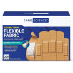 Care Science Fabric Adhesive Bandages 200 count box front view showing flexible wound care protection