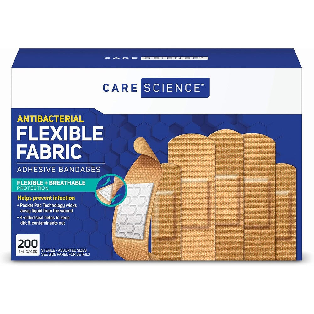 Care Science Fabric Adhesive Bandages 200 count box front view showing flexible wound care protection