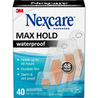 Nexcare Max Hold Waterproof Bandages box front view for premium wound care.