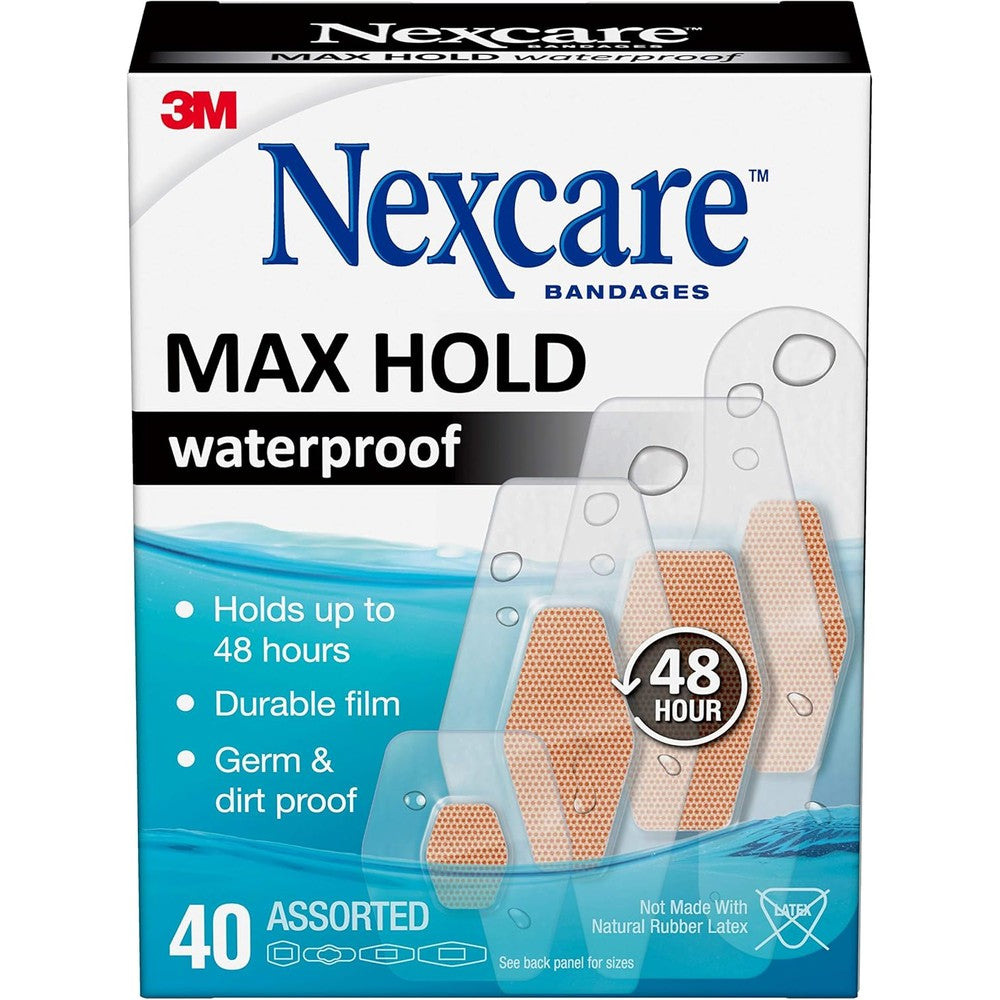 Nexcare Max Hold Waterproof Bandages box front view for premium wound care.