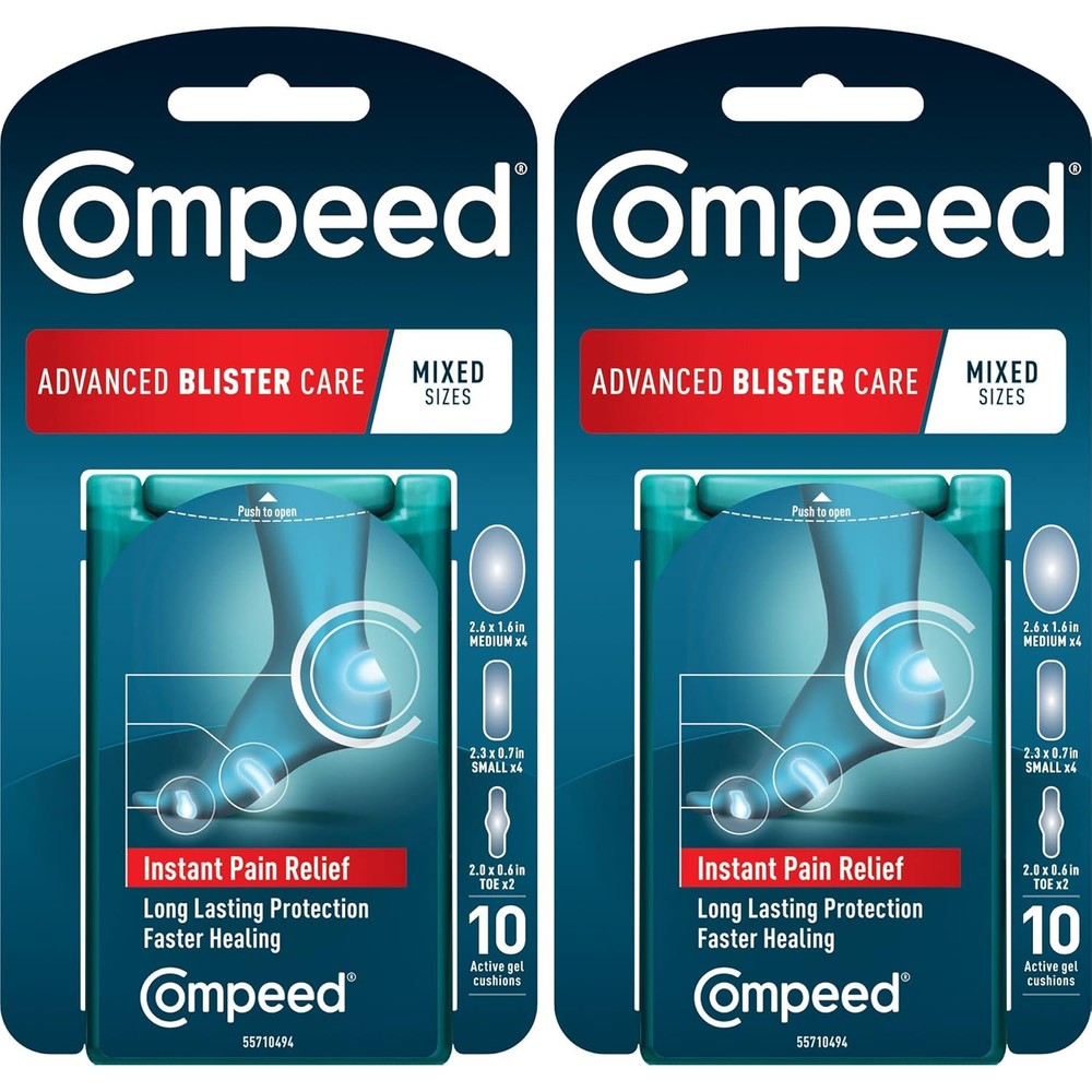 Compeed Advanced Blister Care Pads mixed sizes twin pack front view showing packaging details.