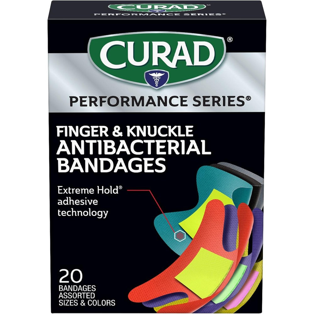 Curad Performance Series Fingertip and Knuckle Antibacterial Bandages front retail packaging box showcasing extreme hold technology