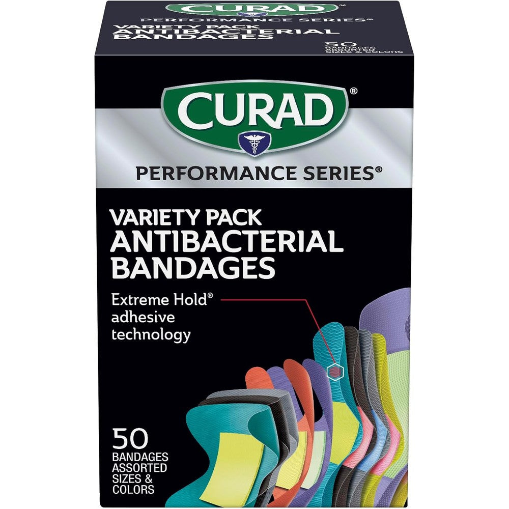 Curad Performance Series Ironman Antibacterial Bandages front view box showcasing extreme hold adhesive technology for athletes