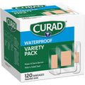 Curad Waterproof Bandage Variety Pack front view of the 120 count box showing assorted sizes.