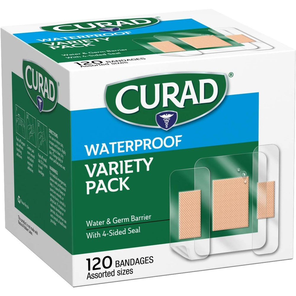 Curad Waterproof Bandage Variety Pack front view of the 120 count box showing assorted sizes.