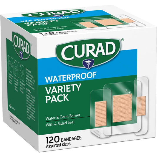 Curad Waterproof Bandage Variety Pack front view of the 120 count box showing assorted sizes.