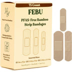 FEBU Eco Friendly Bamboo Fabric Bandages box front view showing 75 count first aid variety pack