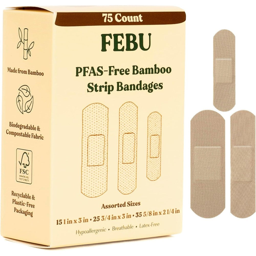 FEBU Eco Friendly Bamboo Fabric Bandages box front view showing 75 count first aid variety pack