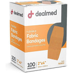 Dealmed fabric flexible adhesive bandages 100 count front view of original retail packaging box.