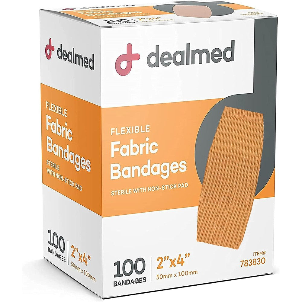 Dealmed fabric flexible adhesive bandages 100 count front view of original retail packaging box.