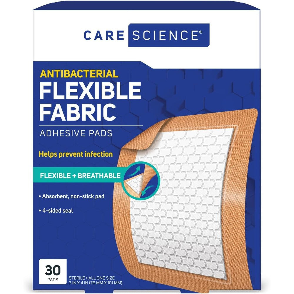 Care Science Fabric Adhesive Pad Bandages 30 count box front view for first aid wound protection