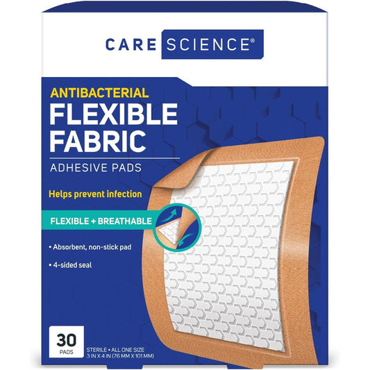 Care Science Fabric Adhesive Pad Bandages 30 count box front view for first aid wound protection