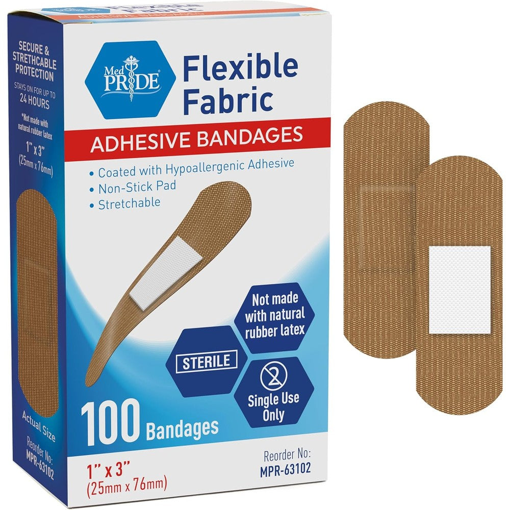 Med Pride Hypoallergenic Fabric Adhesive Bandages front view box containing one hundred sterile strips.