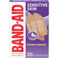 Band-Aid Brand Adhesive Bandages for Sensitive Skin twenty count box front view featuring hypoallergenic wound care