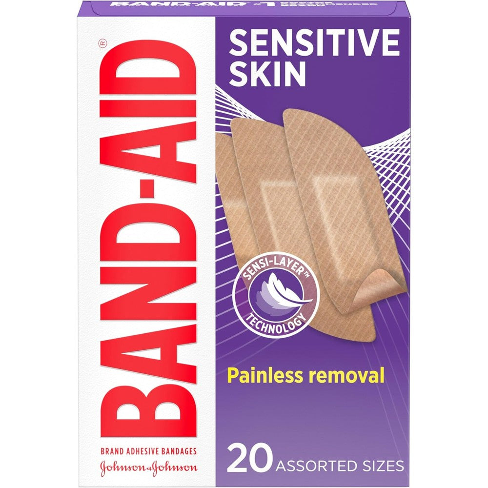 Band-Aid Brand Adhesive Bandages for Sensitive Skin twenty count box front view featuring hypoallergenic wound care