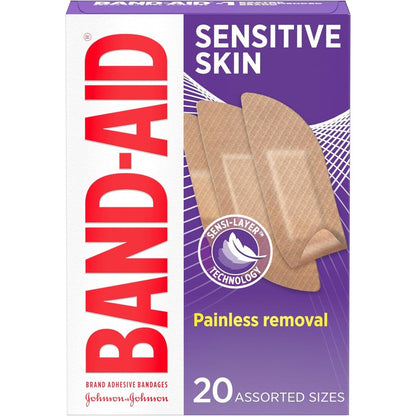 Band-Aid Brand Adhesive Bandages for Sensitive Skin twenty count box front view featuring hypoallergenic wound care
