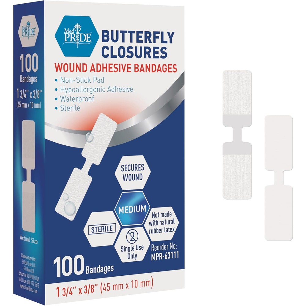 MED PRIDE Butterfly Wound Closure Strips pack of 100 front view box packaging.
