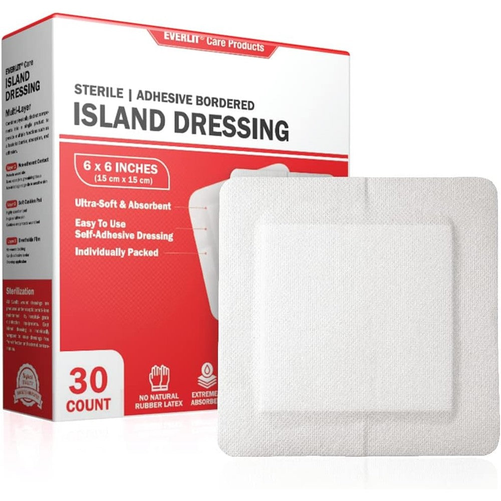 EVERLIT Island Dressing Bordered Gauze front packaging view of the large sterile wound care bandage pack.