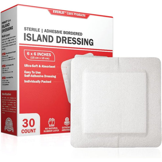 EVERLIT Island Dressing Bordered Gauze front packaging view of the large sterile wound care bandage pack.