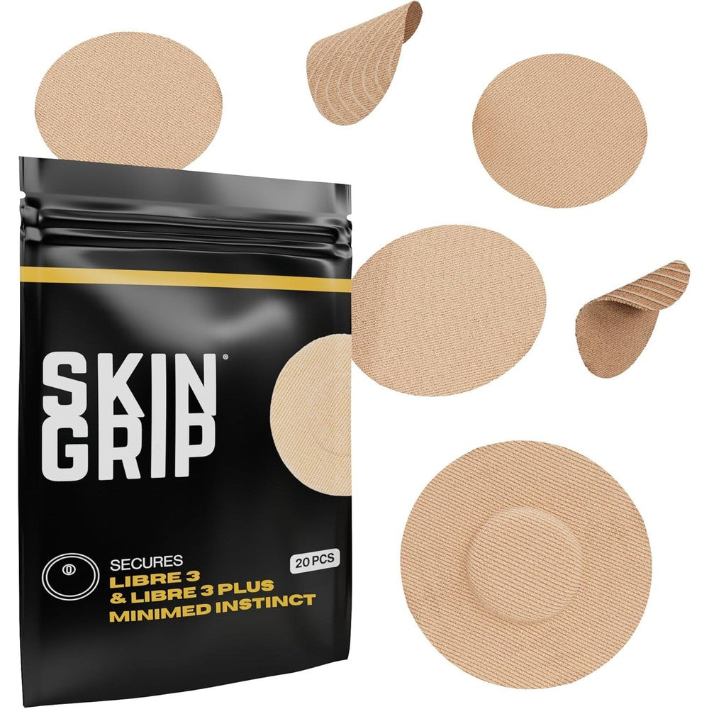 Skin Grip Freestyle Libre 3 Sensor Covers 20 pack front view showcasing tan diabetic adhesive patches