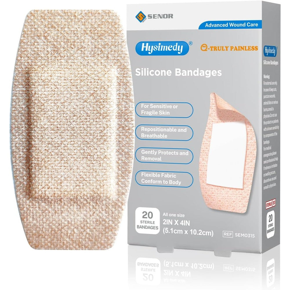 Hysimedy silicone adhesive bandages twenty count front view showing large size packaging for sensitive skin wound care.