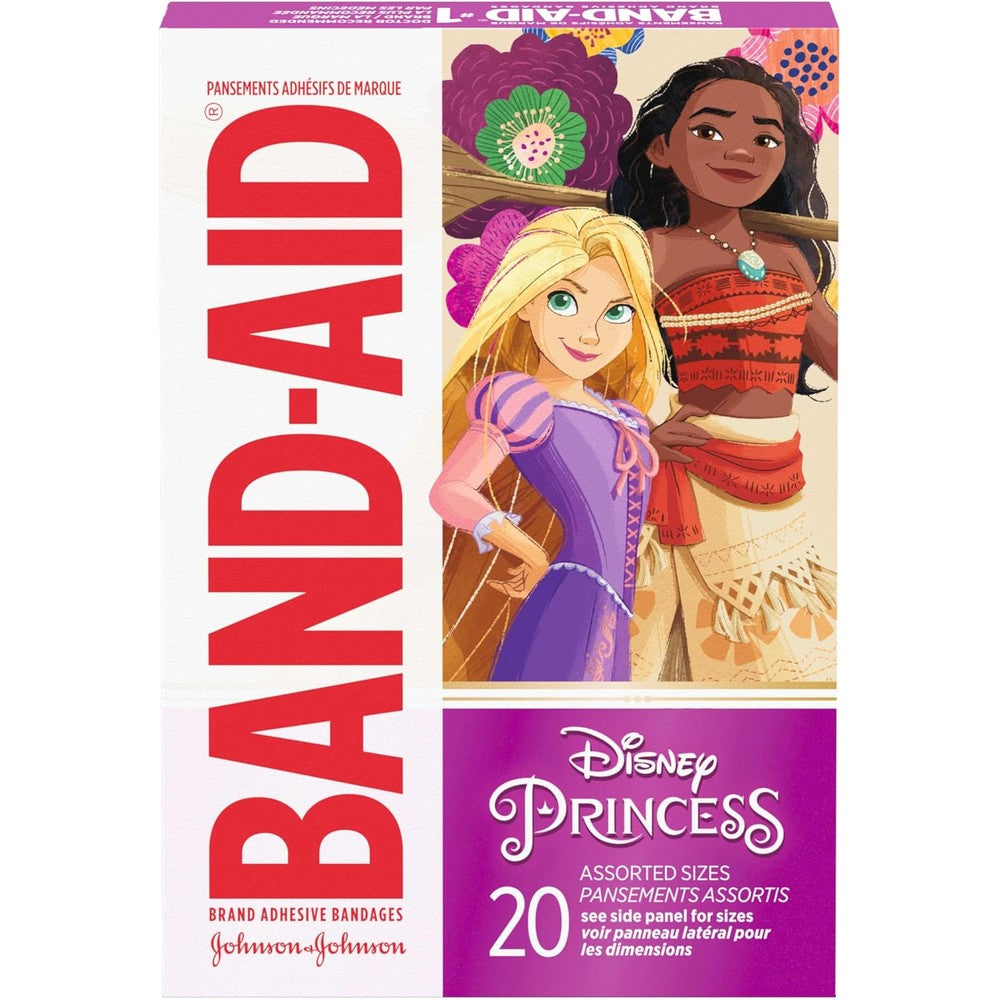 Band-Aid Brand Disney Princess adhesive bandages front view of 20 count box showing characters.