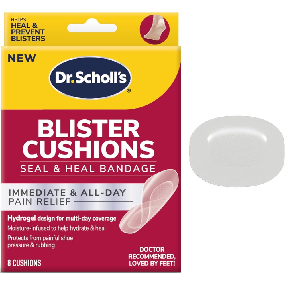 Dr. Scholl's Blister Cushions Seal and Heal Bandage 8 count box front view showing hydrogel technology packaging.