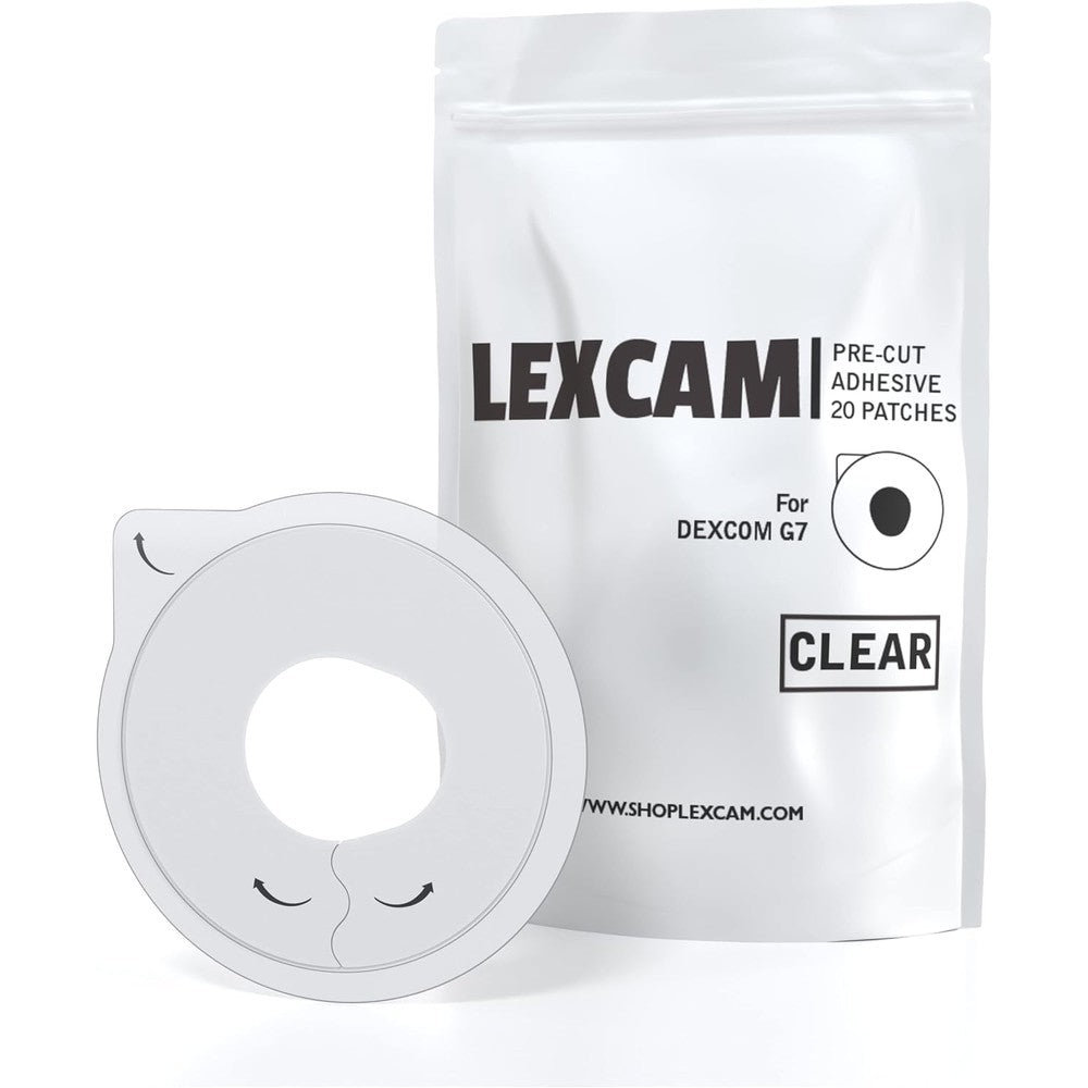 Lexcam adhesive patches for Dexcom G7 front view transparent waterproof overpatch packaging