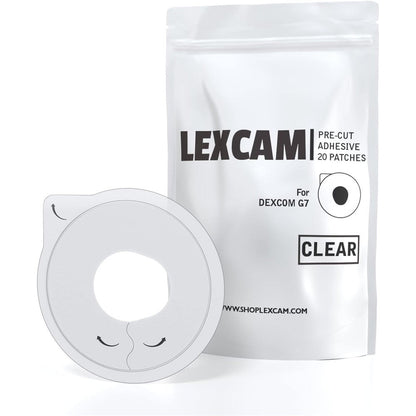 Lexcam adhesive patches for Dexcom G7 front view transparent waterproof overpatch packaging