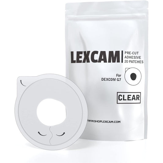 Lexcam adhesive patches for Dexcom G7 front view transparent waterproof overpatch packaging
