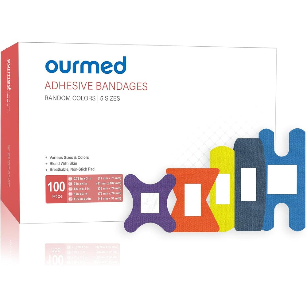 Ourmed flexible fabric adhesive bandages 100 count front box packaging view